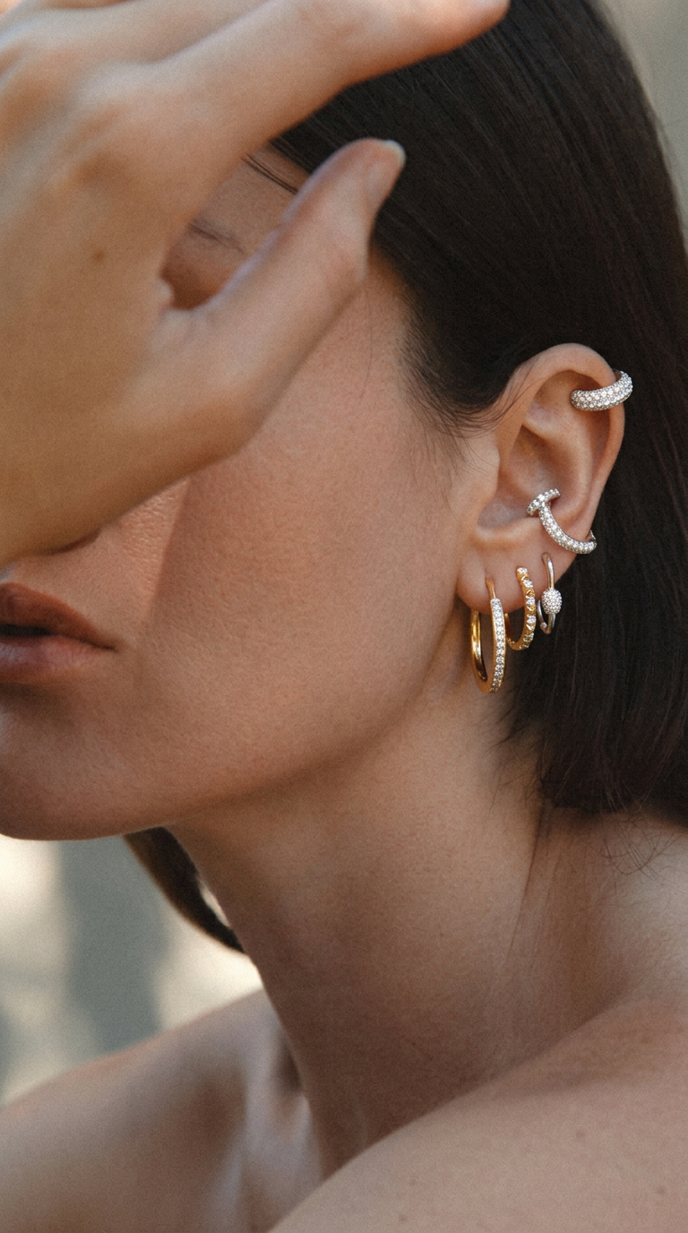 Diamond studs, huggies and hoops arranged in a curated ear stack