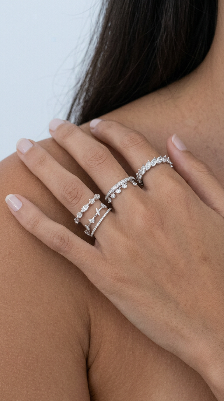 Diamond rings stacked across two fingers